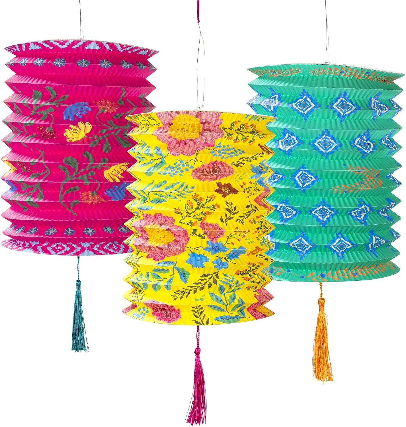 Talking Tables Pack of 3 Boho Chinese Paper Lanterns with Tassels, Pink