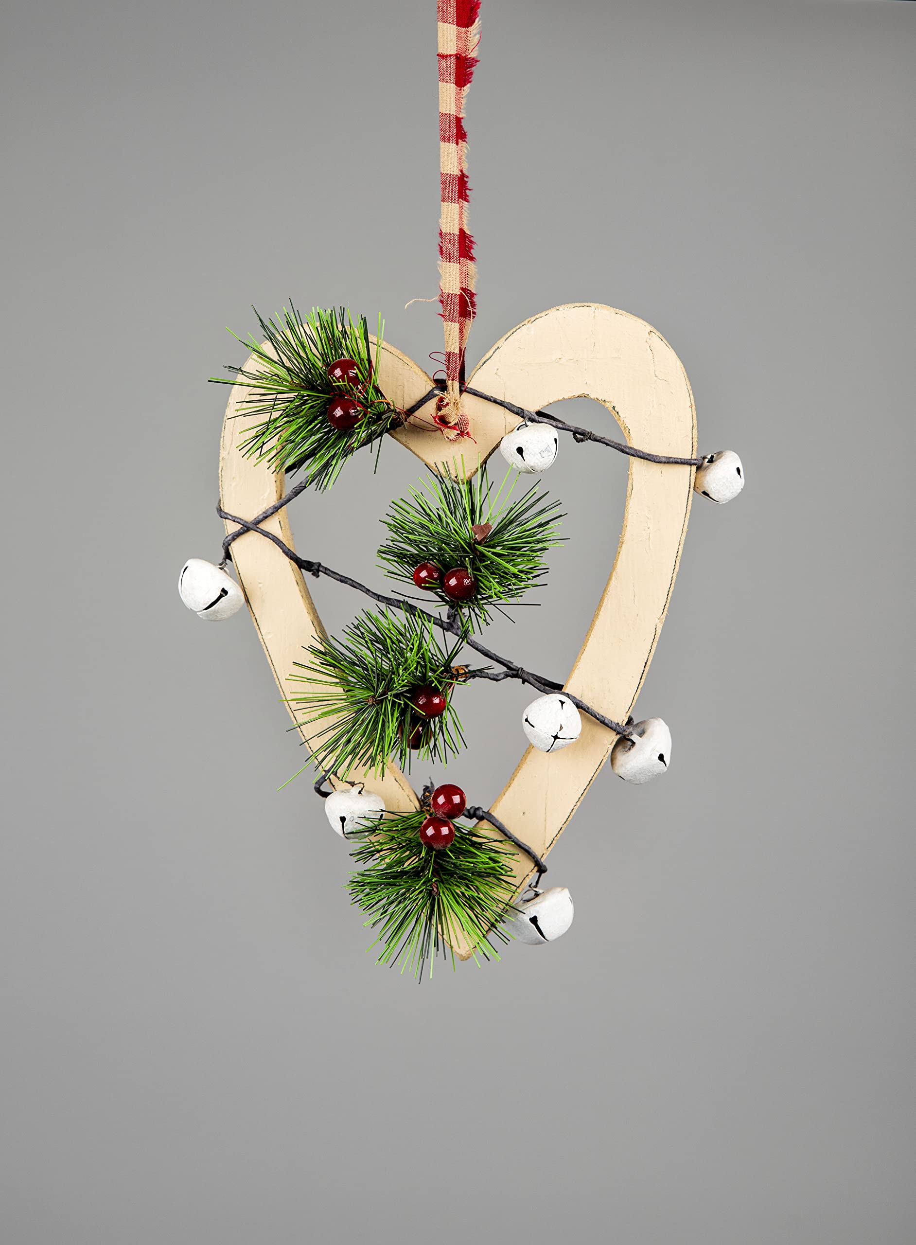 SHATCHI 30cm Cream Wooden Heart Wall Hanging Ornament Decorated with White Bells Berries and Pines Christmas Holiday Home Decorations, 23x1.2x30 cm