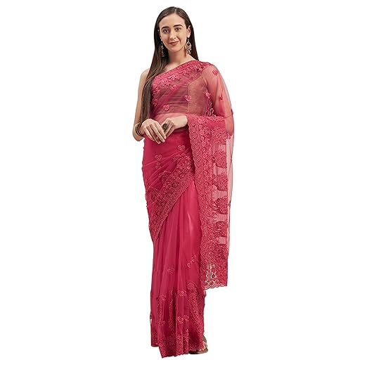 Womanista net with Blouse Piece Saree (TI1277_Pink_OneSize)