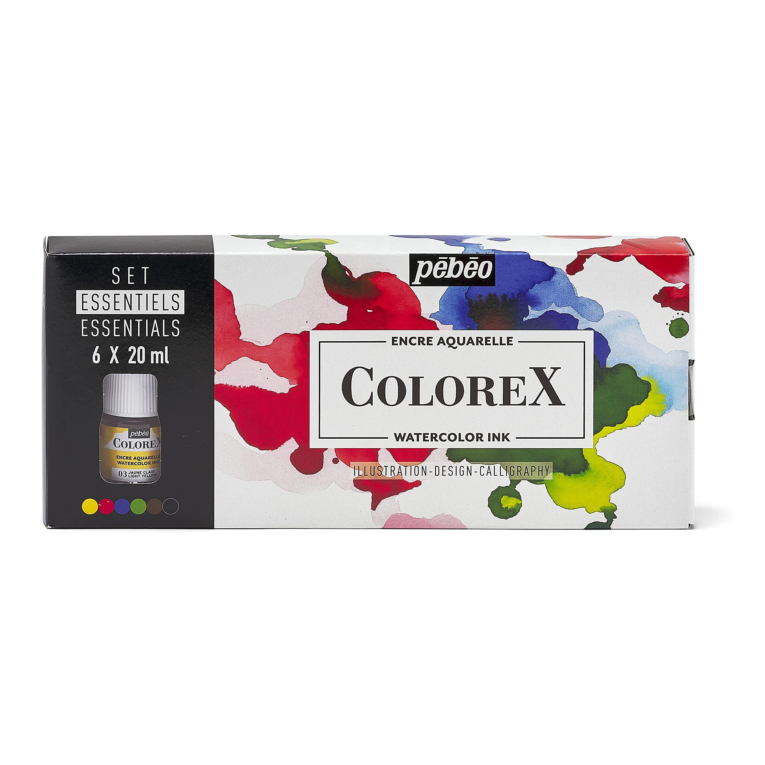 Pebeo Colorex Box - 6x20 ml Bottles - Manga Drawing & Illustration Kit - Essential Watercolour Ink - Light Yellow, Turkish Red, Ultramarine Blue, Spring Green, Sepia, Ivory Black