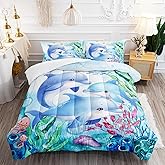 XYNHML Dolphins Animal Aqua Blue Green Sea Comforter 3pcs Twin Kids Coral Jellyfish Comforter Set for Boys Girls Ocean Waves Bedding Fish Quilt Bed Set with 1 Comforter and 2 Pillowcases