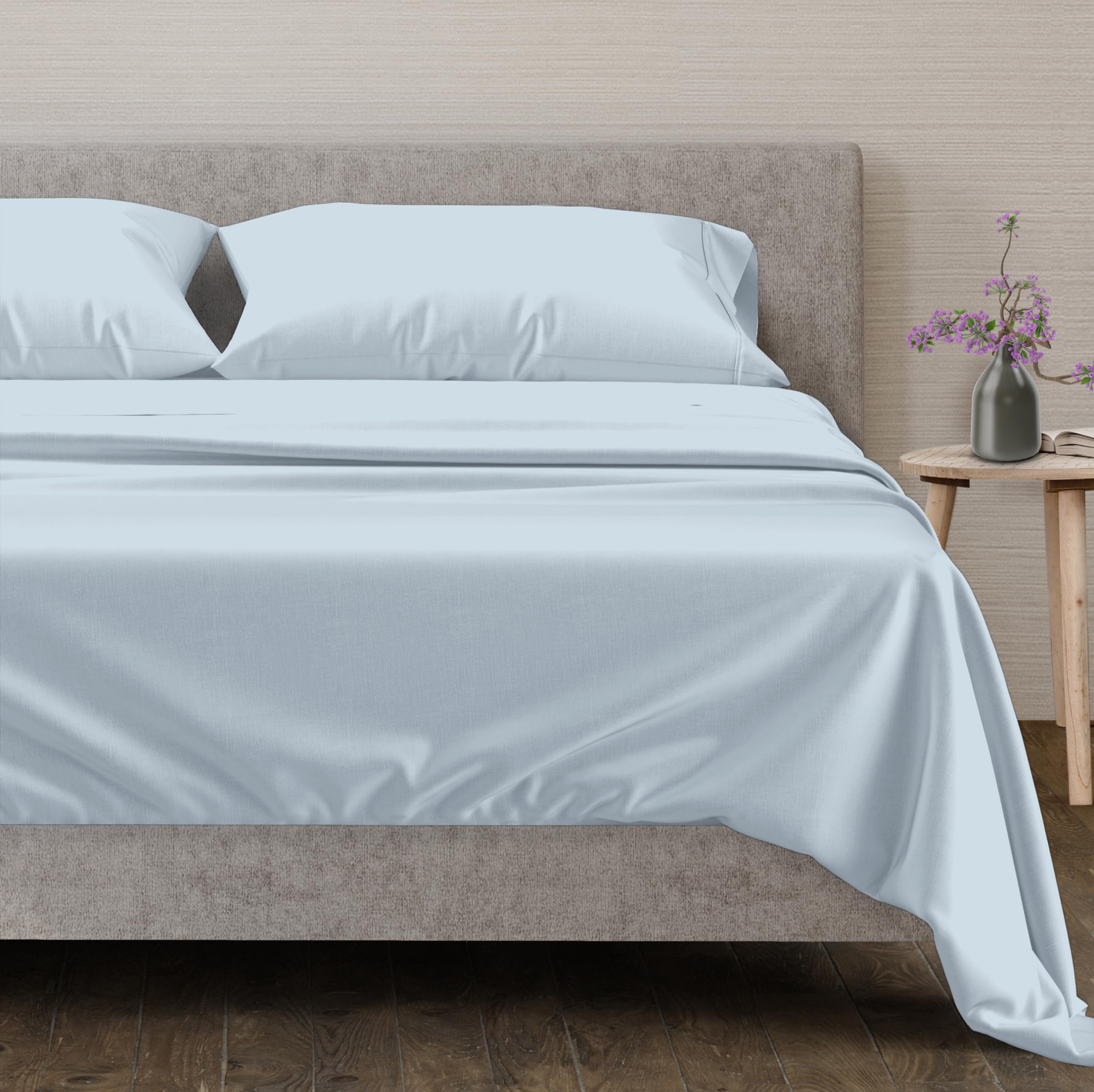 Photo 1 of Mayfair Linen 100% Egyptian Cotton Queen Size Sheet Set - 4 PC 600 Thread Count Egyptian Cotton Sheets Set for Queen Size Bed (Light Blue), Soft, Cooling, Luxury Hotel 16" Deep Pocket Sateen Bedsheet