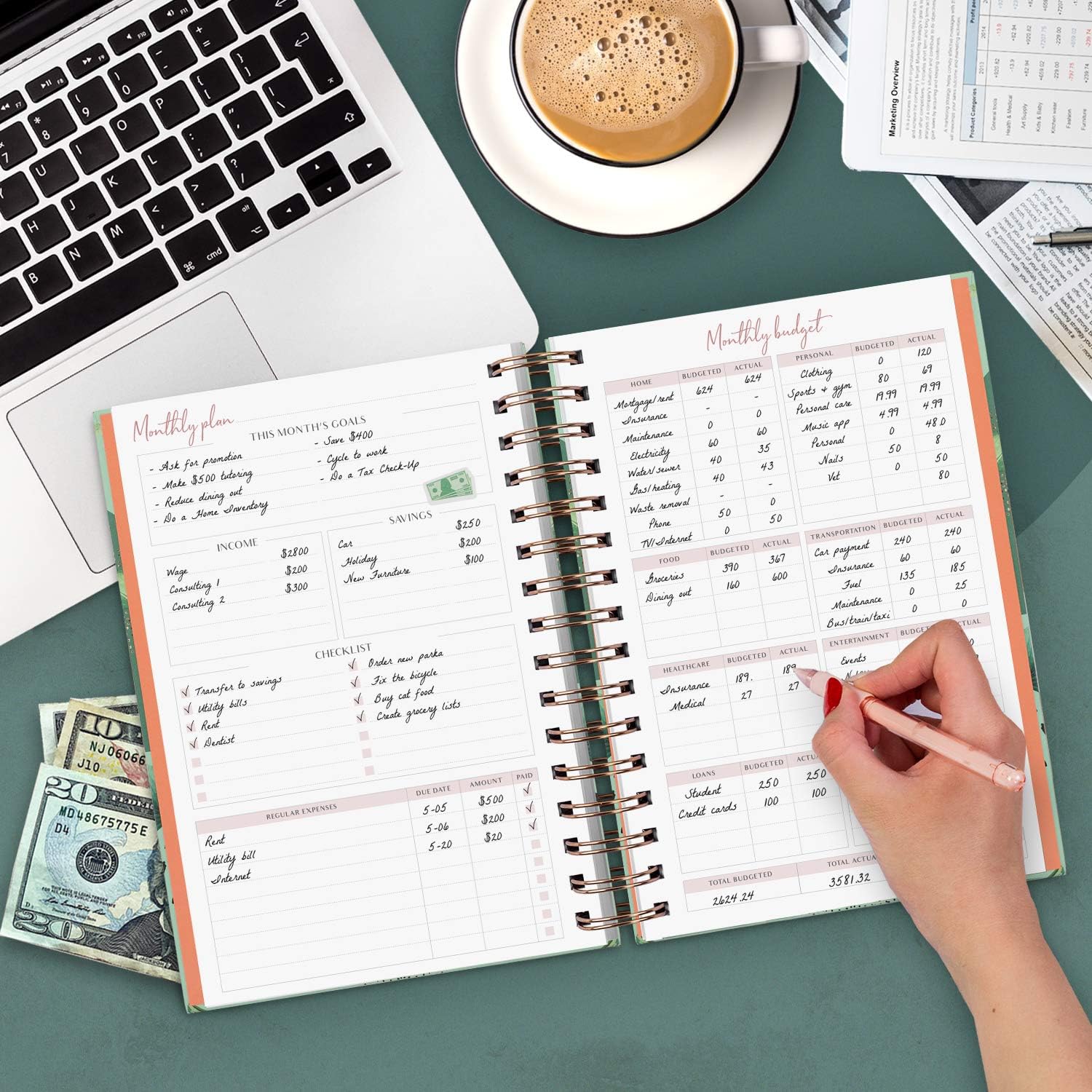 PLANBERRY Budget Planner – Undated Monthly Finance Organizer – Financial Planner for Money Budgeting with Expense & Bill Tracker - 6.3x8.5″ Hardcover (African Green) : Office Products