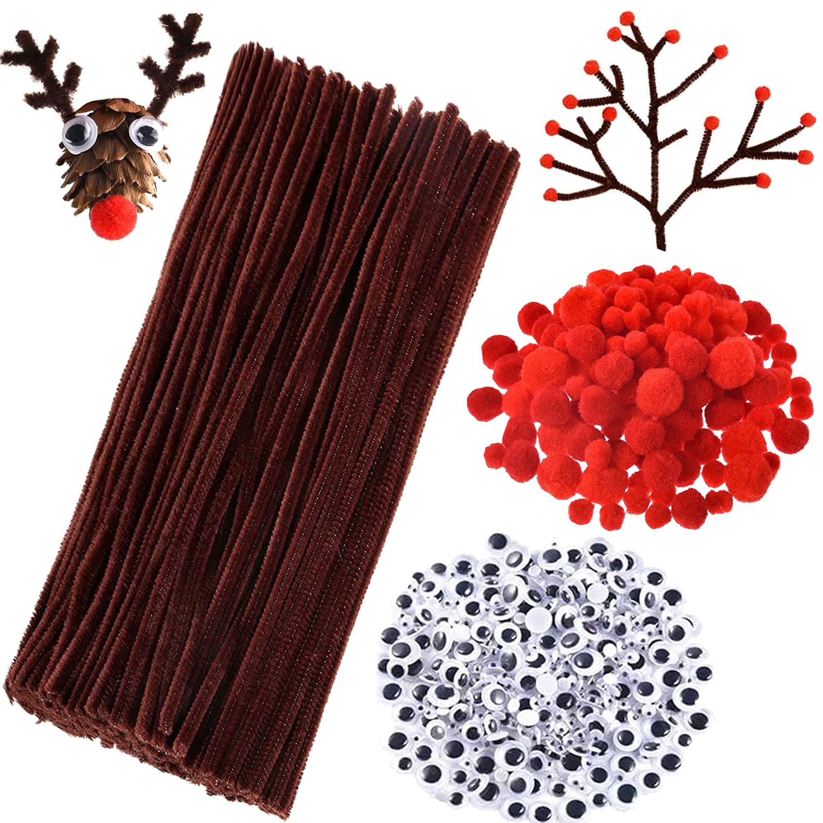 900Pcs Brown Pipe Cleaners, Christmas Craft Supplies, Including 200 Pcs Brown Pipe Cleaners Chenille, 350 Pcs Googly Eyes, 350 Pcs Red Pom Poms for Christmas Reindeer DIY Crafts