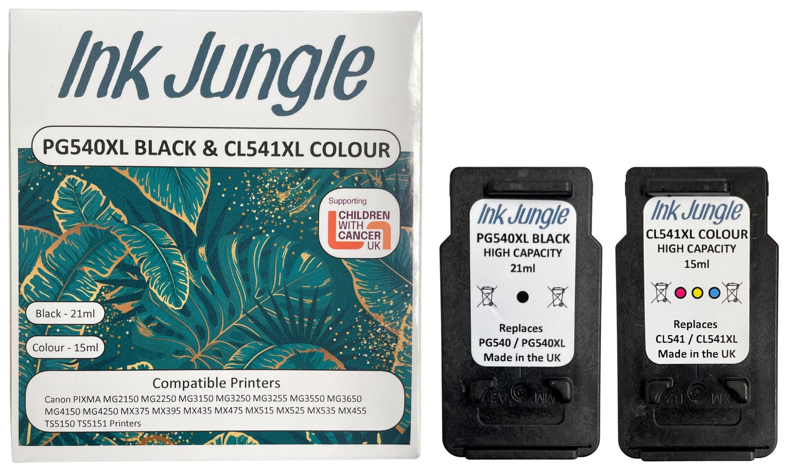 Ink Jungle PG540XL Black & CL541XL Colour Ink Cartridge For Canon MG2150 MG2250 MG3150 MG3250 MG3255 MG3550 MG3650 MG4150 MG4250 MX375 MX395 MX435 MX475 MX515 MX525 MX535 MX455 TS5150 TS5151 Printer