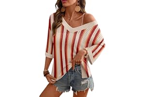 Rapbin Women's Crochet V Neck Beach Cover Up 3/4 Sleeve Hollow Out Knitted Pullover Sweater