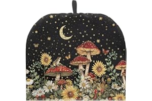 PJHEQOXE Mushrooms Moon Tea Cozy for Teapot Christmas Tea Cosy Dome Teapot Cover with Handle Dust Cover Kitchen Kettle Dust Cover Can Hung and Folded Decorative Kitchen for Easter（Black）