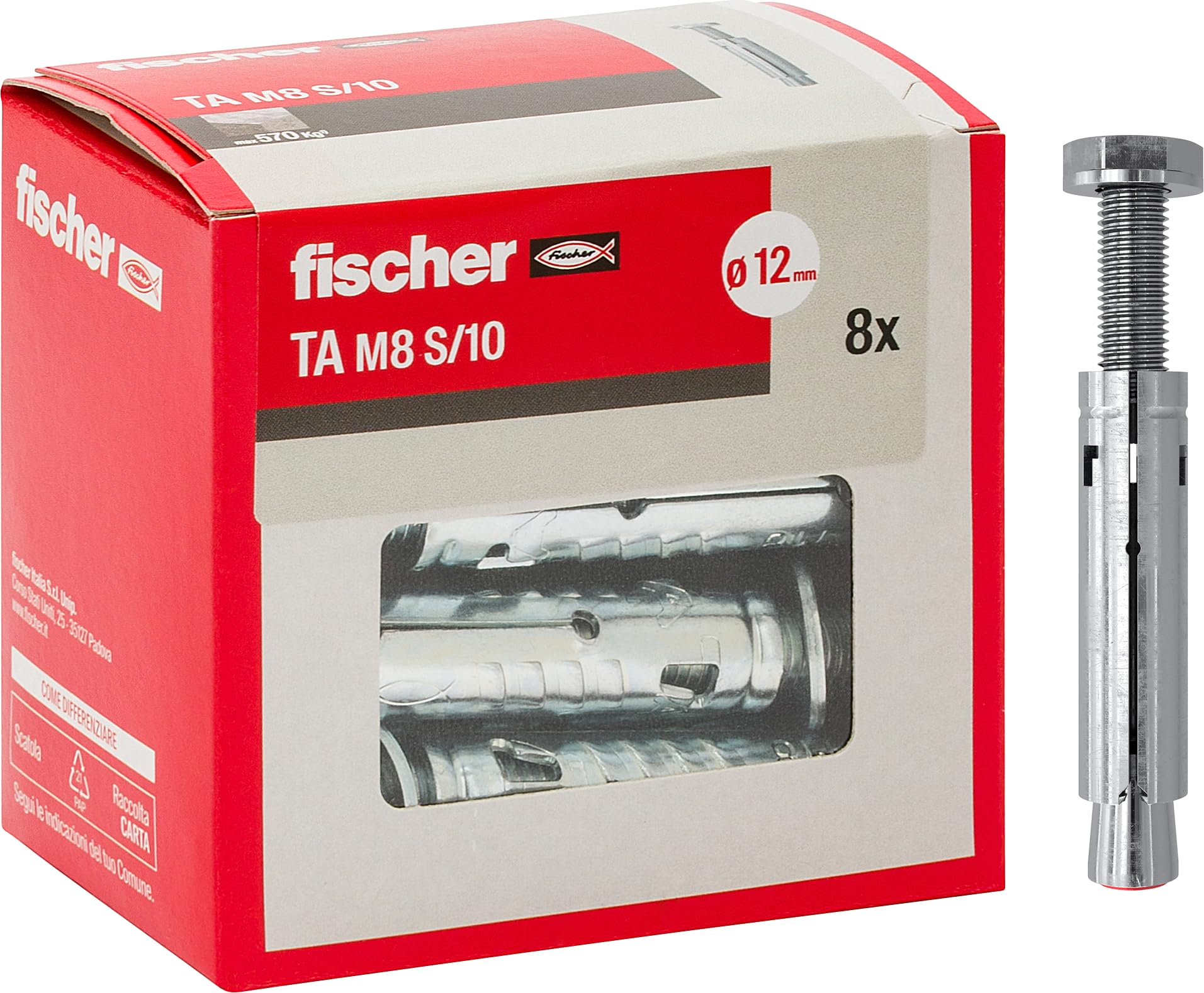 Fischer Steel Dowels Ta M 8 with Hex Head Screw, Dowel Diameter 10 mm, 8 pcs, M8 + Screw