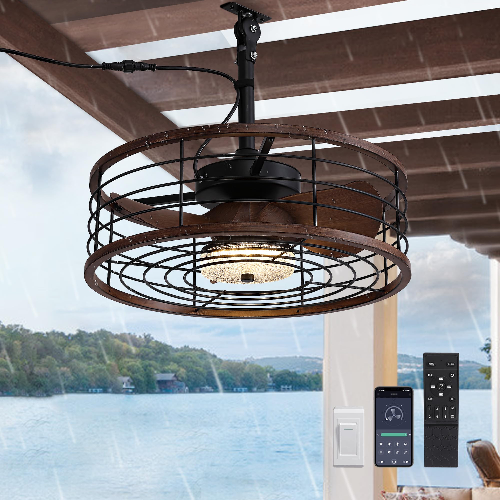 Photo 1 of Outdoor Ceiling Fan with Light, Waterproof Plug in Caged Ceiling Fan, 6 Speeds, 3 Color LED Light, 20” Outdoor Hanging with Hook Gazebo Fan with Remote for Patios, Pergola, Canopy
