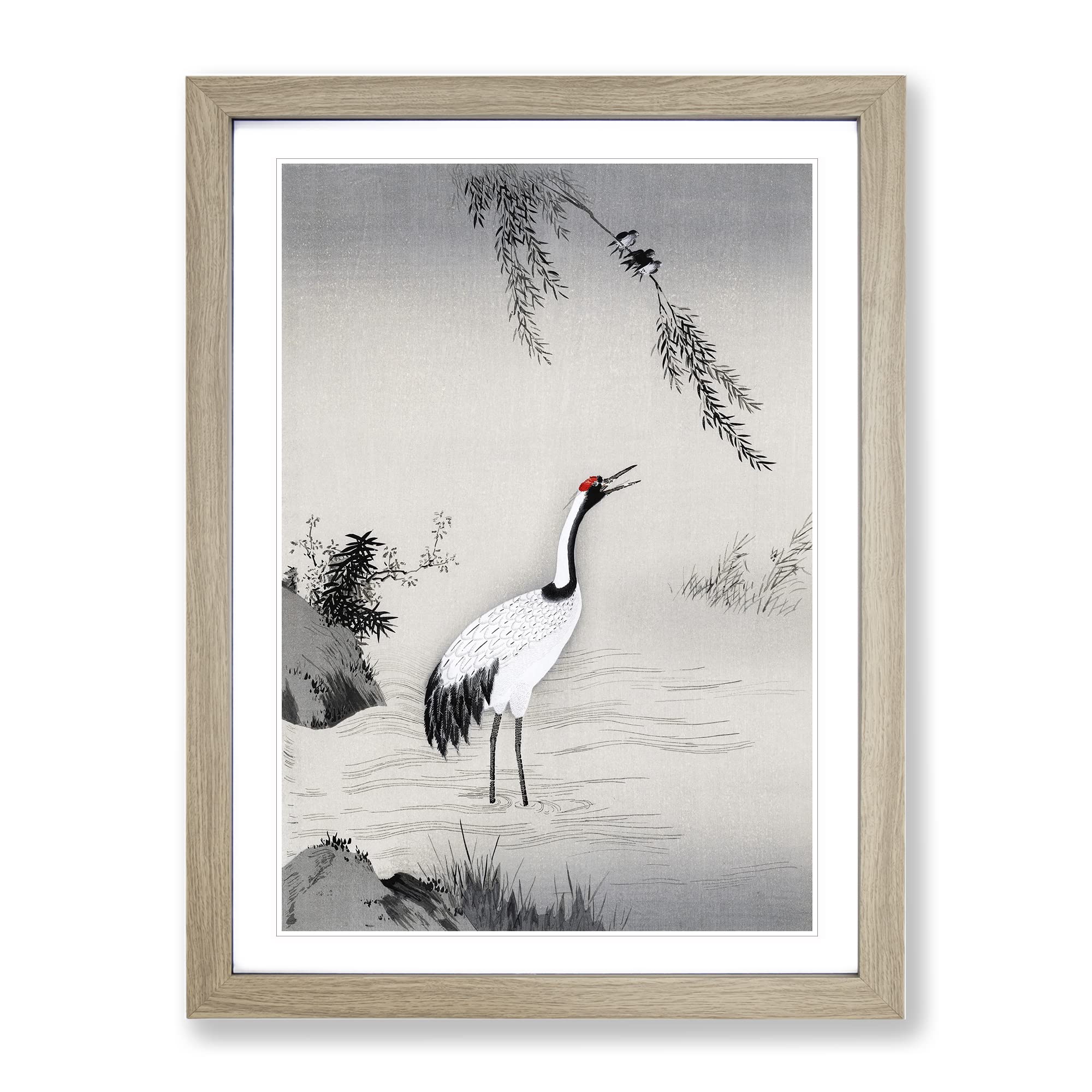 Japanese Crane By Kano Motonobu Asian Japanese Framed Wall Art Print, Ready to Hang Picture for Living Room Bedroom Home Office Décor, Oak A3 (34 x 46 cm)