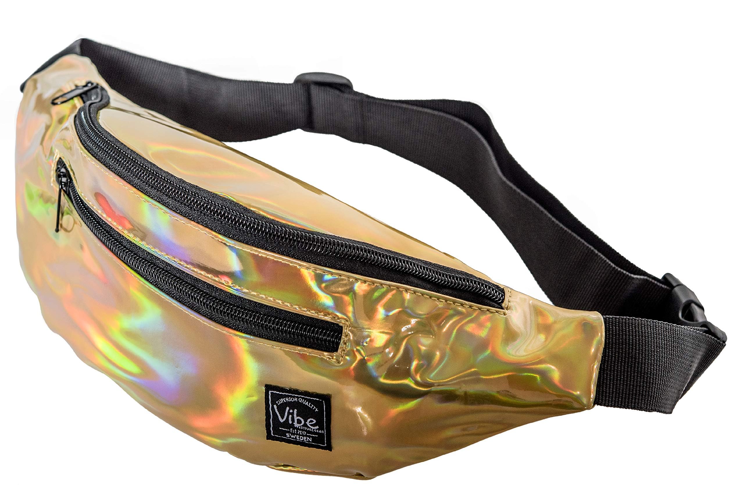 Vibe Festival Gear Fanny Pack for Men Women - Many Prints - Black Holographic Silver Gold Cute Waist Bag for Festival Rave Hiking Running Cycling, Gold, Fits Most,