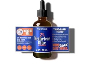 PureGood Pharmaceutical Grade Methylene Blue 2% (60 mL), Third-Party Tested USP-Grade for Humans, Formaldehyde and Alcohol Free Methylene Blue Pharmaceutical Grade in Amber Dropper Bottle