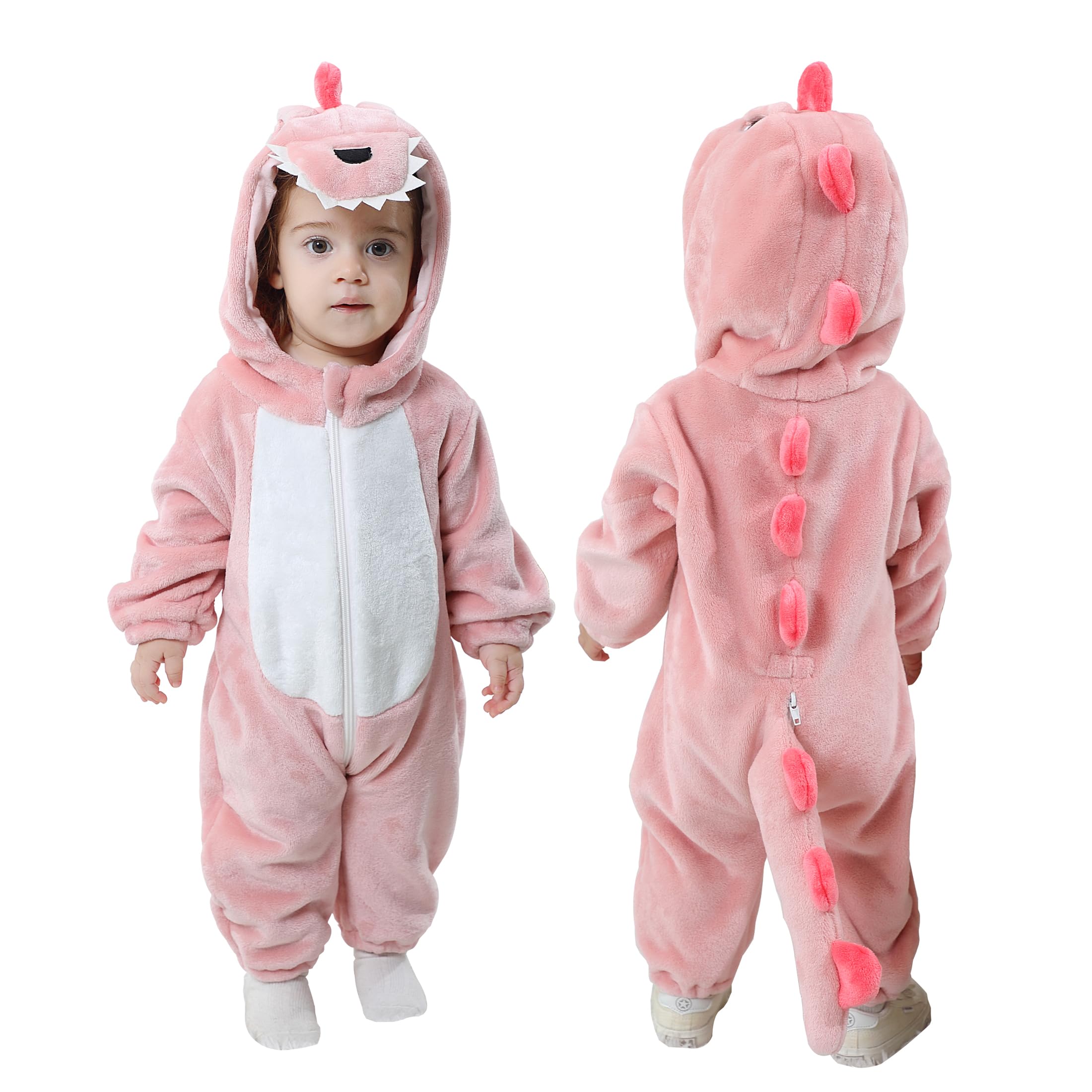 Doladola Baby Boys Girls Cartoon Animal Hooded Costume Infant Pajamas Romper(12-18 Months,dusty pink dinosaur)