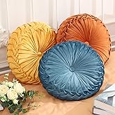 Drydiet 3 Pcs Round Throw Pillows Decorative Velvet Pleated Throw Pillows 15'' Diameter Accent Pumpkin Boho Chair Cushion for Couch Sofa Home Decoration (Yellow, Brown, Blue)