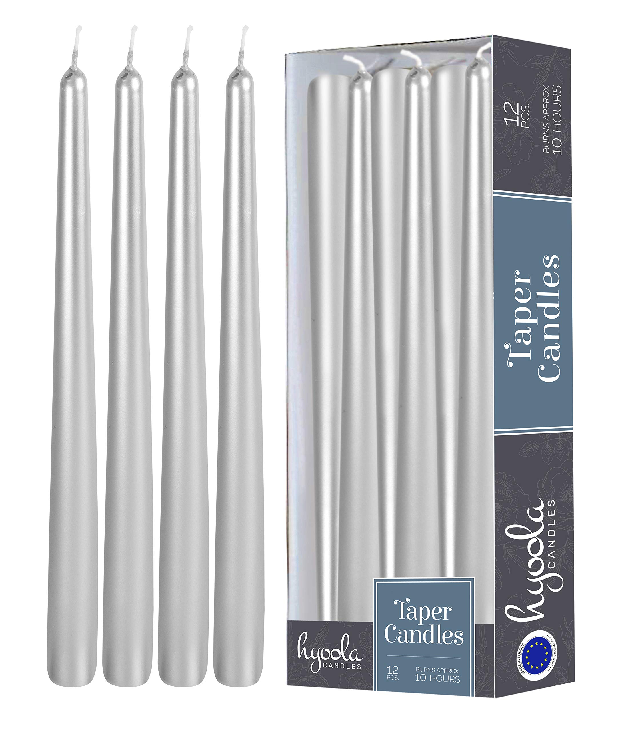 Hyoola Metallic Silver Taper Candles - 300 mm (12 Inch) Unscented Dripless Taper Candles - 10 Hour Burn Time - 12 Pack