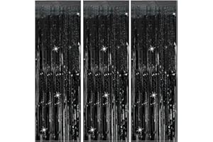 BOMSI 3 Pack Black Party Streamers Backdrop Tinsel Foil Fringe Curtains Halloween Party Decorations Birthday Wednesday Party Decorations Graduation Halloween Decor Party Supplies