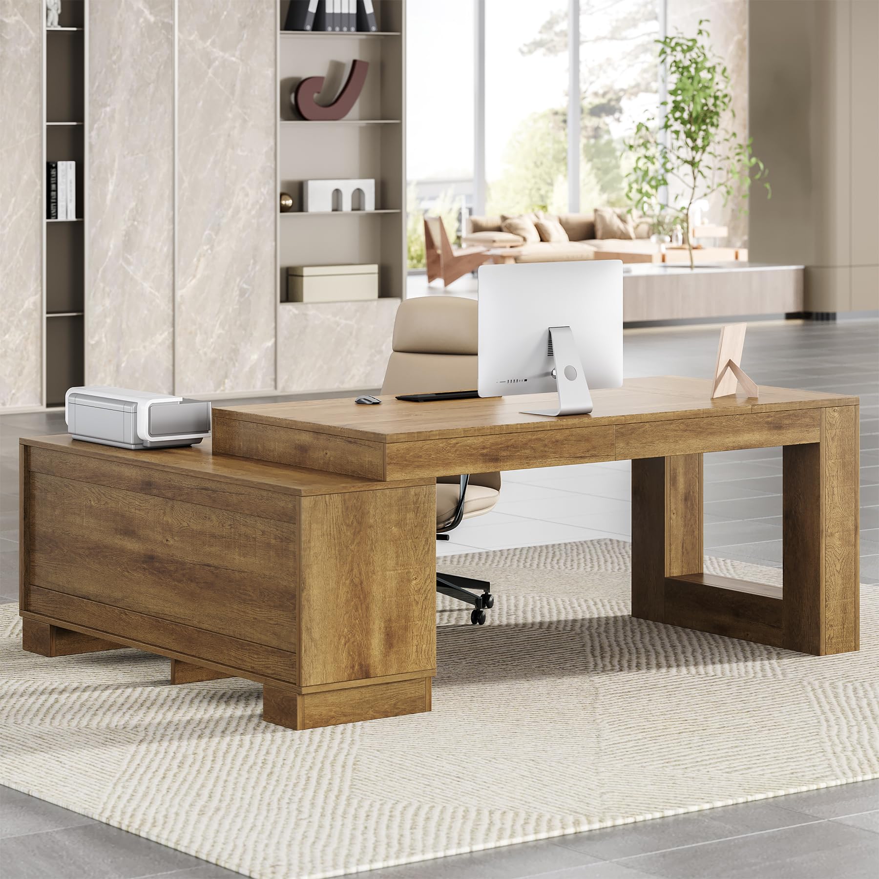 Photo 1 of **SELLING FOR PARTS.MISSING HARDWARE**0LITTLE TREE 63" L Shaped Executive Desk with Storage, Farmhouse Home Office Desk with 2-Tier Cabinets and Shelves, Large Wooden Computer Table Business Furniture Workstation Set, Brown