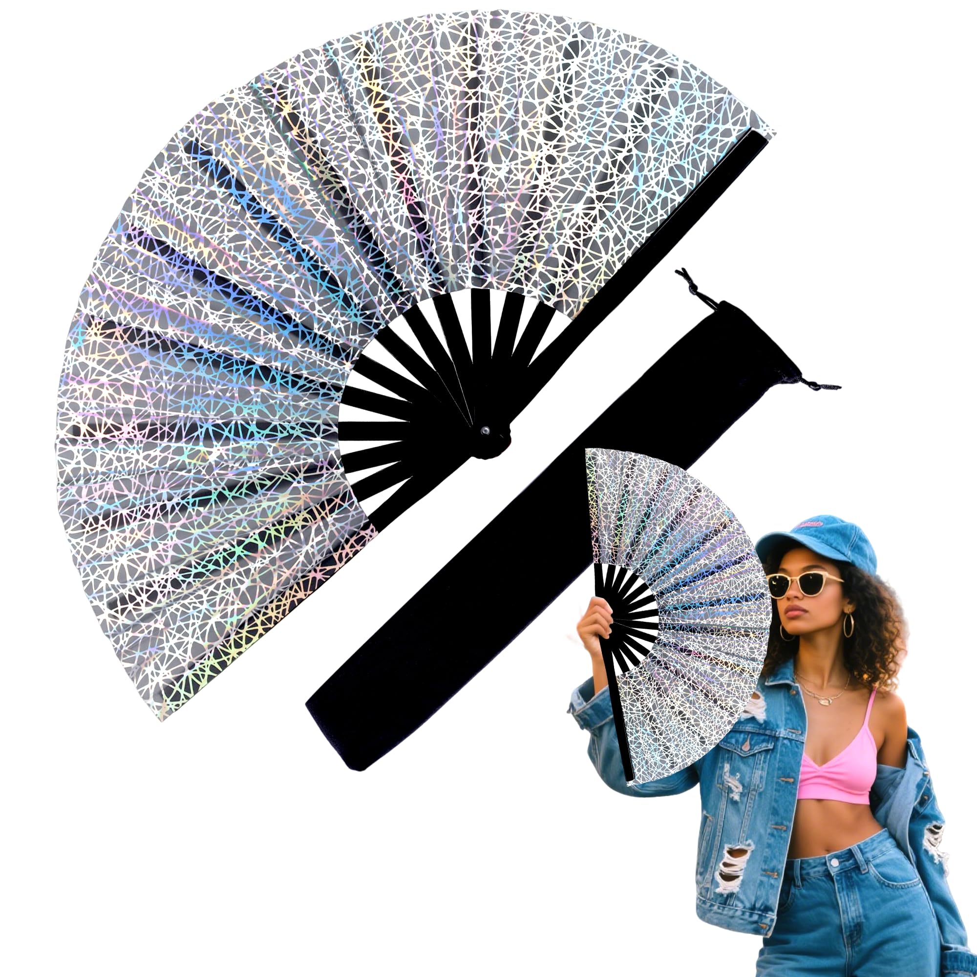Photo 1 of ****MISSING THE BAG**** Onekka 13 Inch Large Rave Fan & Clack Fan for Line Dancing - Folding Hand Fan with UV Glow for Boots on The Ground, Performance, Wedding, Party - Portable Handheld Fan for Women & Men