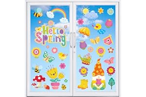 Whaline 111Pcs Spring Window Clings Stickers Hello Spring Flowers Butterfly Bees Birds Double-Sided Window Decals for Spring School Home Office Accessories Party Supplies Gifts, 9 Sheets