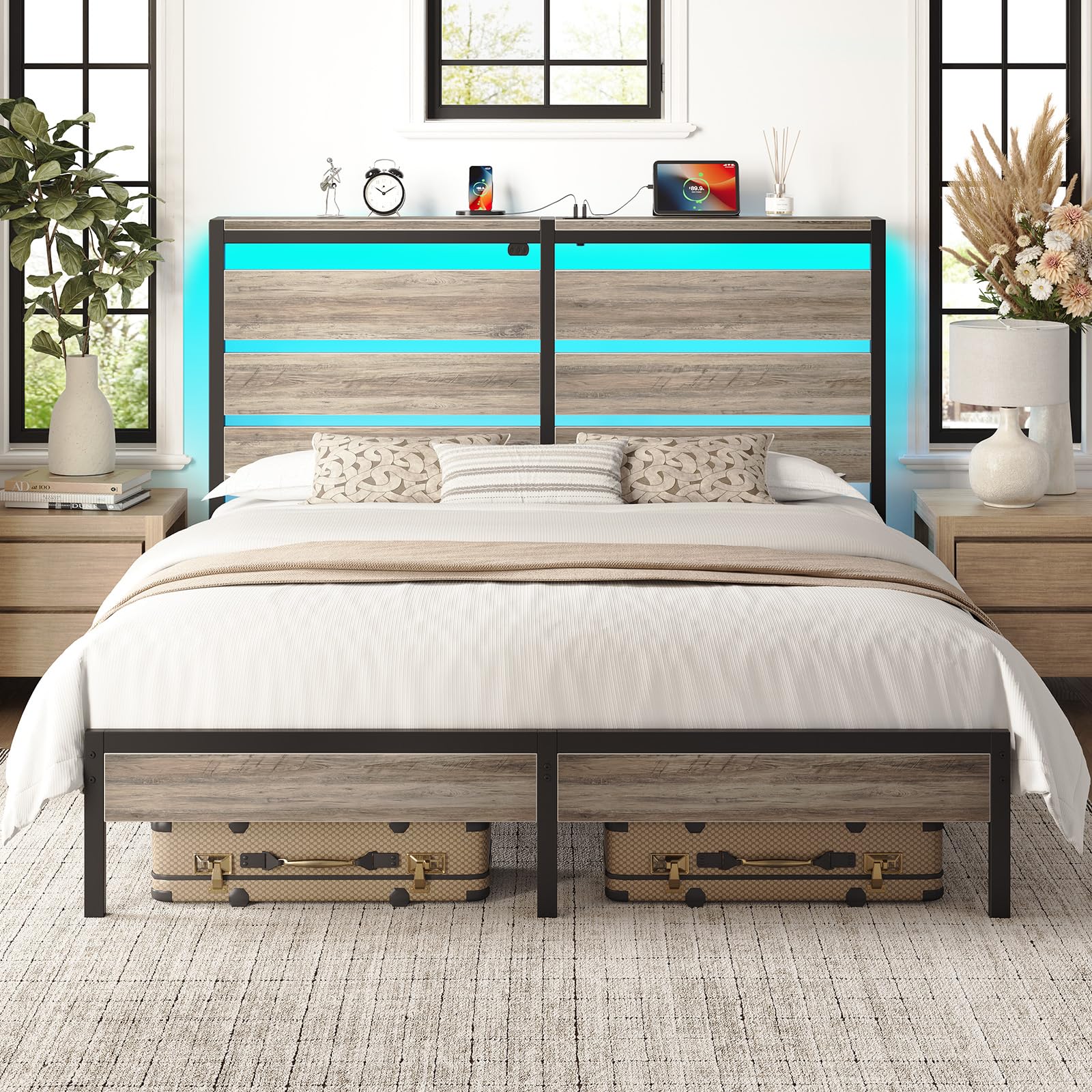 Rolanstar King Size Bed Frame with LED Lights and Charging Station, Wood Storage Headboard and Under Bed Storage, Metal Platform, Noise Free, No Box Spring Needed, Balck Oak Image