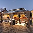 EROMMY 12'x20' Hardtop Gazebo, Wooden Finish Coated Aluminum Frame Pergola with Galvanized Steel Roof, Outdoor Metal Gazebos with Curtains and Nettings for Patio, Backyard, Deck and Lawns