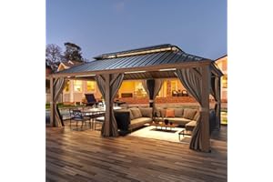 EROMMY 12'x20' Hardtop Gazebo, Wooden Finish Coated Aluminum Frame Gazebo with Galvanized Steel Roof, Outdoor Metal Gazebos with Curtains and Nettings for Patio, Backyard, Deck and Lawns