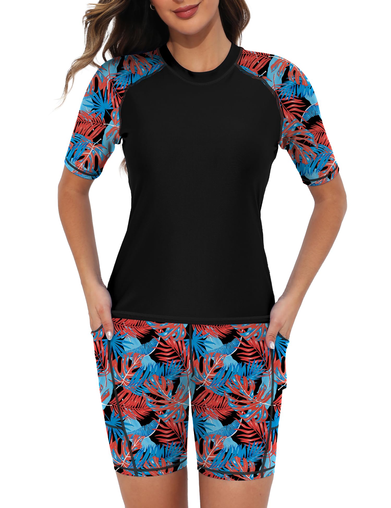 Tournesol Women's Two Piece Rash Guard Short Sleeve Swim Shirts with Boyshorts Swimsuit with Pockets Orange Leaf Small Image