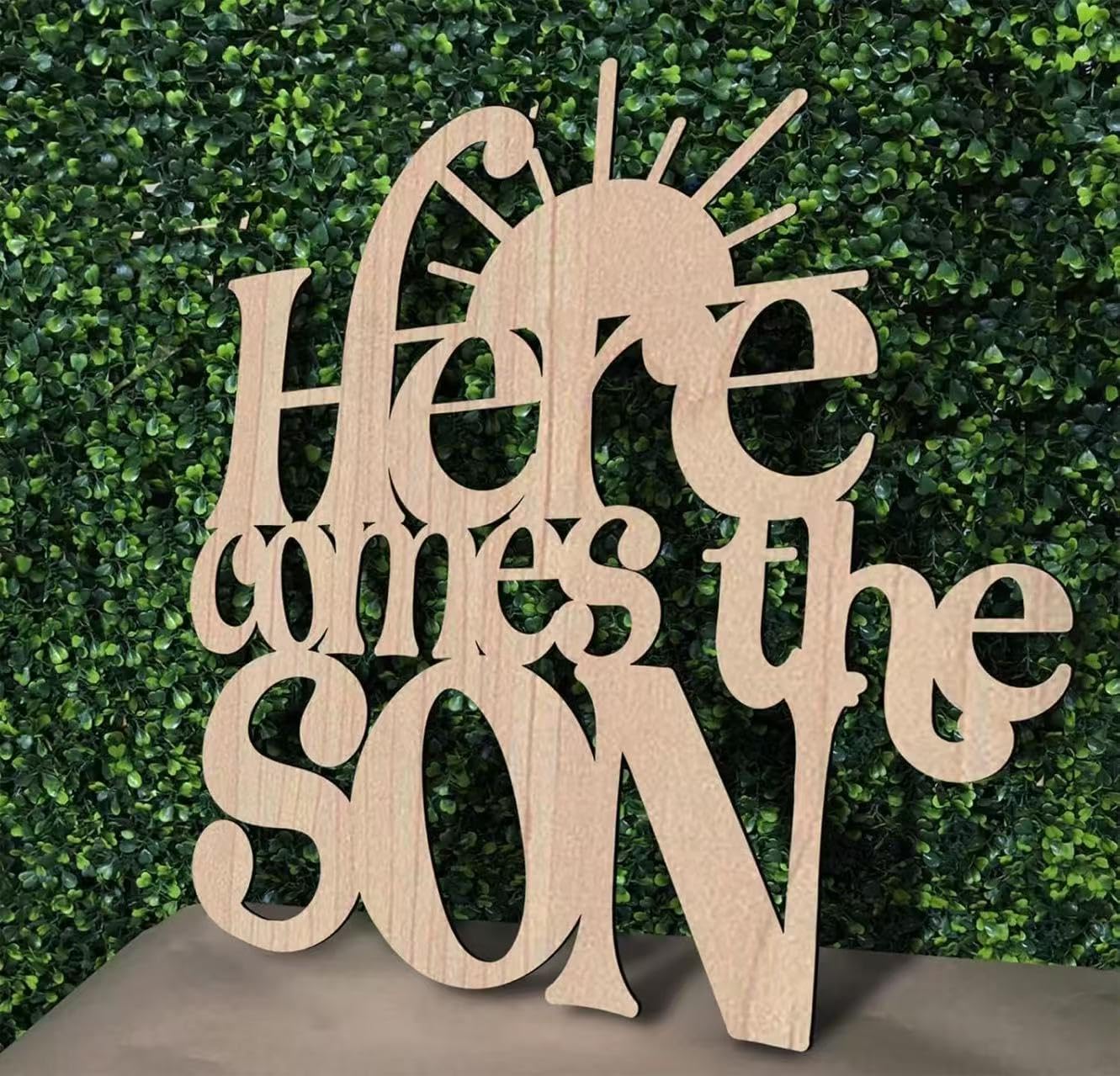 Photo 1 of Here Comes The SON Wooden Baby Shower Backdrop Sign, Sun Themed Baby Shower Party, for Welcome Boy Birthday Wall Decorations