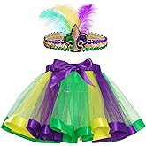 Mardi Gras Tulle Tutu Skirt with Feather Headband, Green Purple Yellow Outfit Costumes Accessory Set