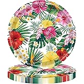 BHNACIER 32pcs Hawaiian Luau Paper Plates 7" Disposable Tropical Luau Party Platters Hawaiian Party Supplies Aloha Hawaiians Paper Plates Tropical Hibiscus Papers Plate for Luaus Supplies