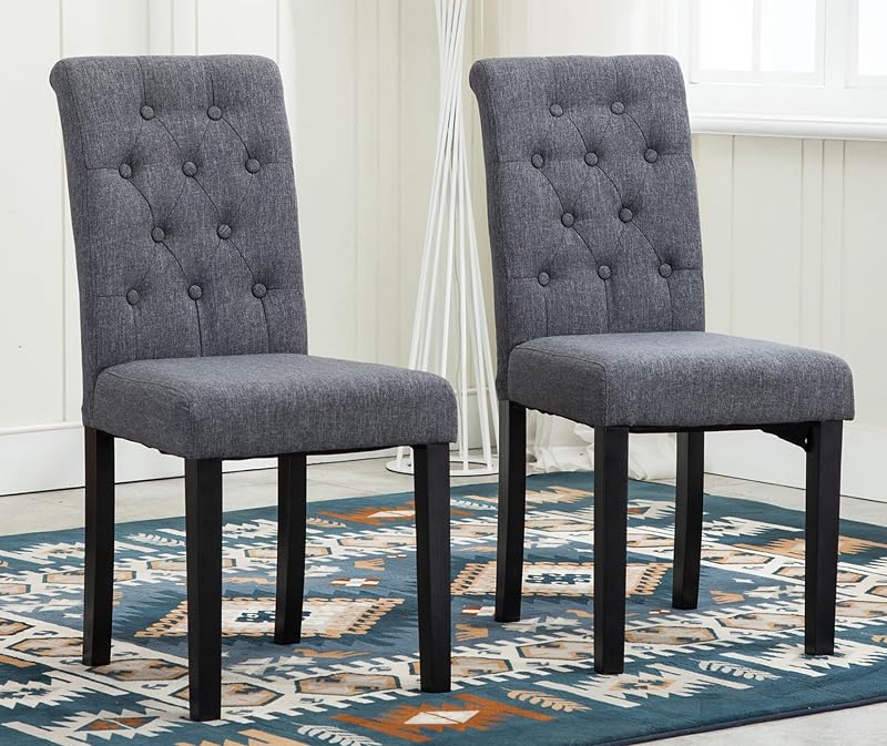 mcc direct Set of 2 Grey Lined Fabric Dining Chairs Solid Wood Legs Home
