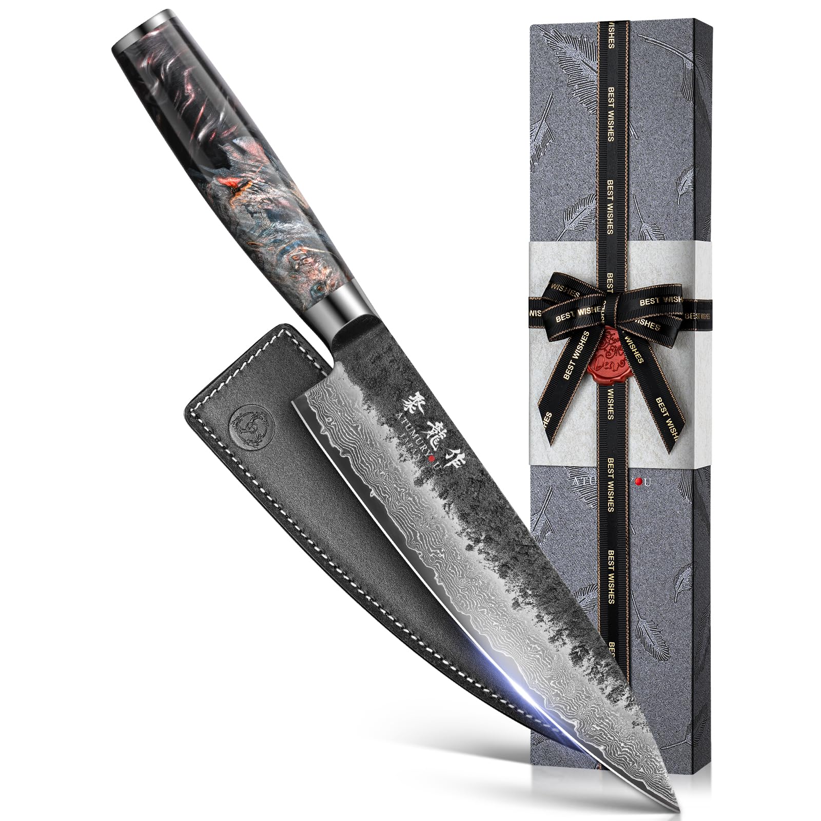 Photo 1 of Japanese Chef Knife, 8 Inch Damascus Kitchen Knife with VG10 Steel Core, Professional Black Forged Kitchen Knives with Ergonomic Handle, Leather Sheath & Luxury Gift Box, Cooking Gifts for Men Women