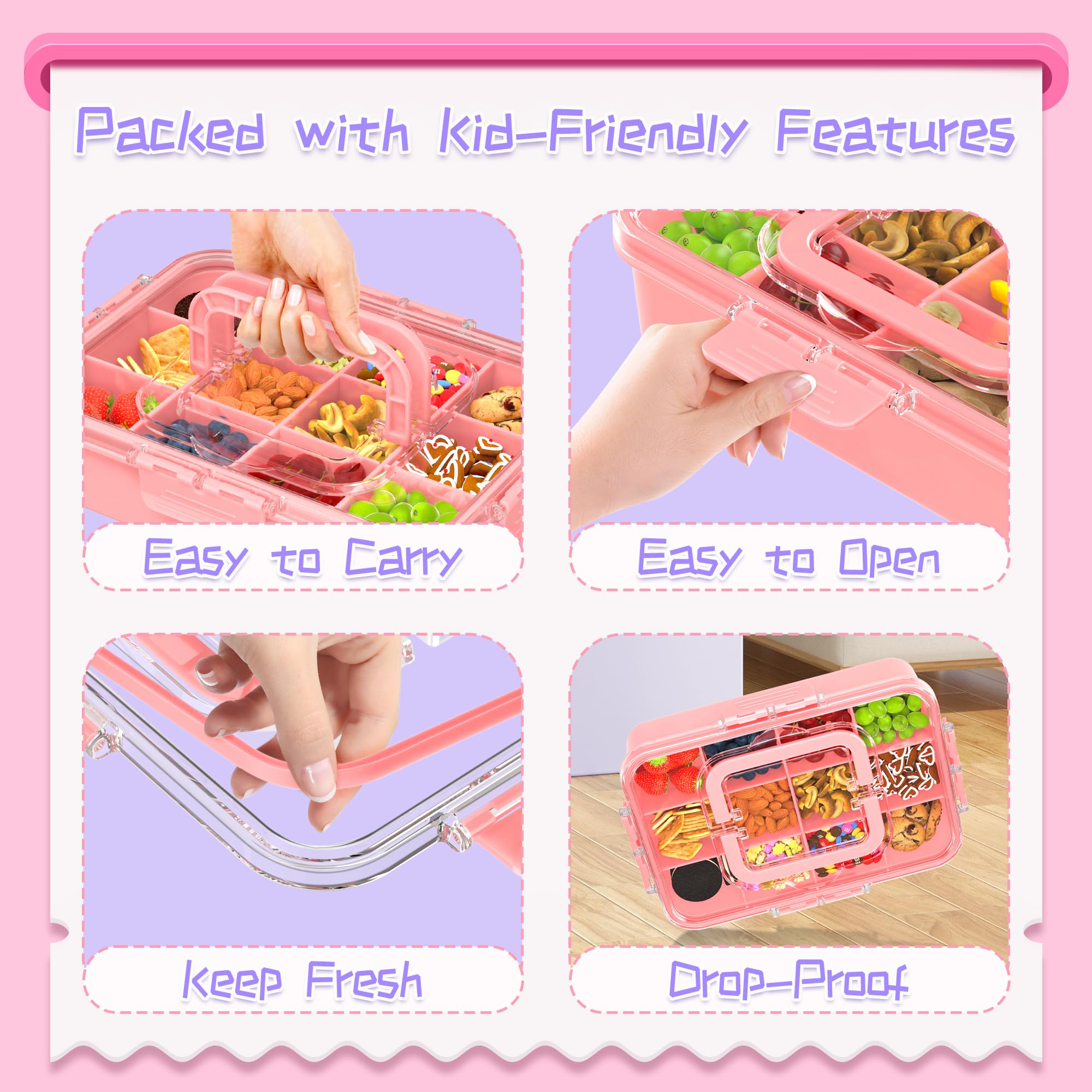 Xyptorix Snack Box Container for Kids - Adjustable 12-Compartment Snack Containers, Reusable Bento Box, Dishwasher Safe, BPA-Free, Perfect for School, Travel, Camping & Picnic, Pink