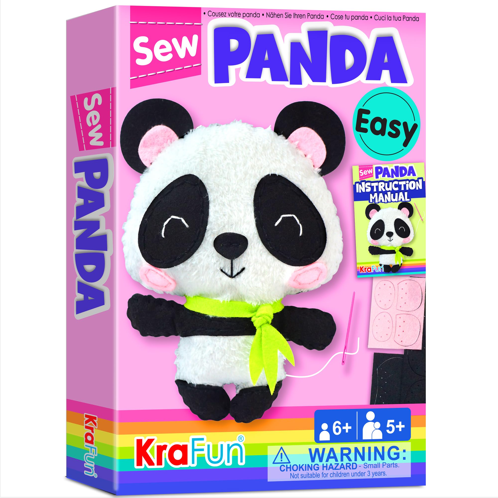 KRAFUN Panda Sewing Kit for Kids Ages 7-12, Beginner Craft Set with Panda Stuffed Doll, Plush Felt Materials, Instructions, Embroidery Supplies, Pre-Punched Fabric