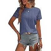 RICHSTORY Womens Summer Tops Crewneck Short Sleeve Shirts Casual Textured Eyelet Top Dressy Blouses