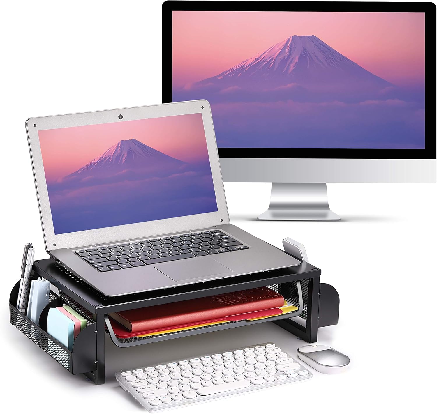 Simple Trending Metal Monitor Riser Stand and Computer Desk Organizer with Drawer, Black : Office Products