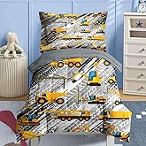 Nesker 4 Pcs Comforter Set Toddler Size, Cartoon Yellow Vehicle Bedding for Kids Teen, Trucks Construction Bed Sheet with Pillowcase & Sham
