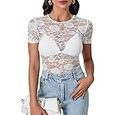 LYANER Women's Lace Top Short Sleeve Crewneck Fitted Mesh Sheer T-Shirt