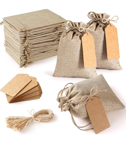 Set Of 50 Burlap Gift Bags With Drawstring, Christmas Tags & String | 7x10 Inch Rustic Bags For Holiday Presents & Party Favors