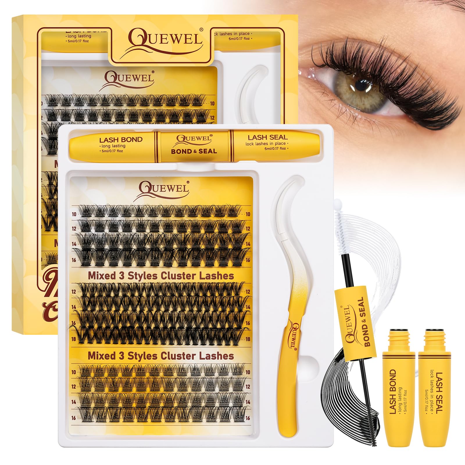 QUEWEL Lash-Cluster Kit 176Pcs D Curl Mixed 3 Styles Eyelashes-Individual Natural Look, Super Thin Band Cluster Lashes Kit for Beginner Easy to Apply at Home（Collection-style A-kit） — image 1