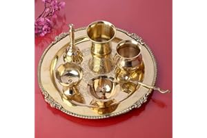 SATVIK STORE SATVIK 9.5 Inch Brass Puja Thali Set of 7 | Handcrafted Design for Divine Blessings | Ideal Housewarming Return Gift | Perfect for Festivals & Worship | Complete Puja Thali Set