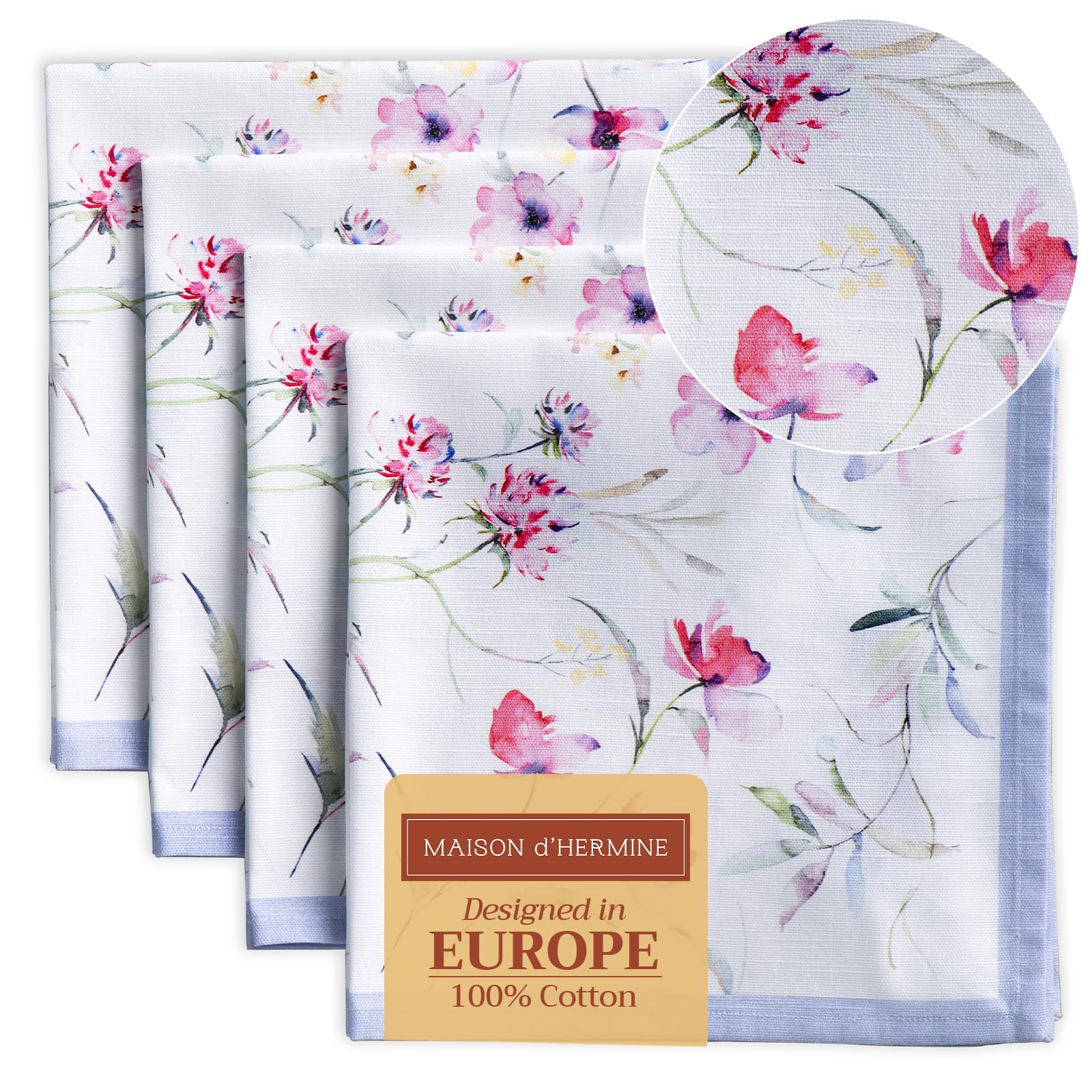 Maison d' Hermine Cloth Napkins Set of 4 100% Cotton Everyday Reusable Square Napkins Cloth Washable Dinner Party Wedding Restaurant Gifts for Mothers Day (Summer Floral, 45 CM x 45 CM)