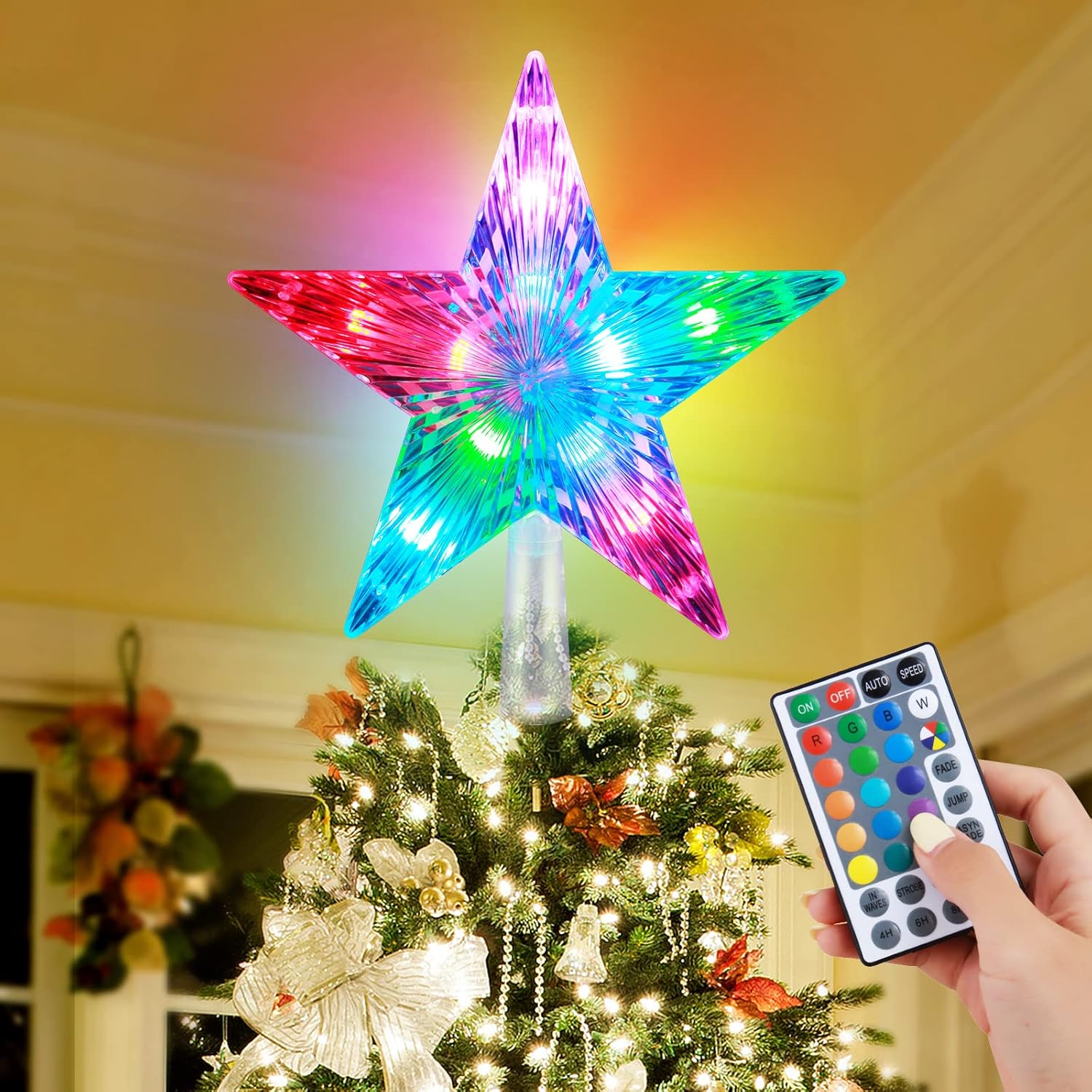 Tree Toppers - MAIAGO 9 Inch Christmas Star Tree Topper with LED Color-Changing Lights, 5-Point Multicolor Star Tree topper with 32 Key Remote Control for Xmas/Holiday/Winter Home Decoration, USB Plug in/Wire 9.84Ft