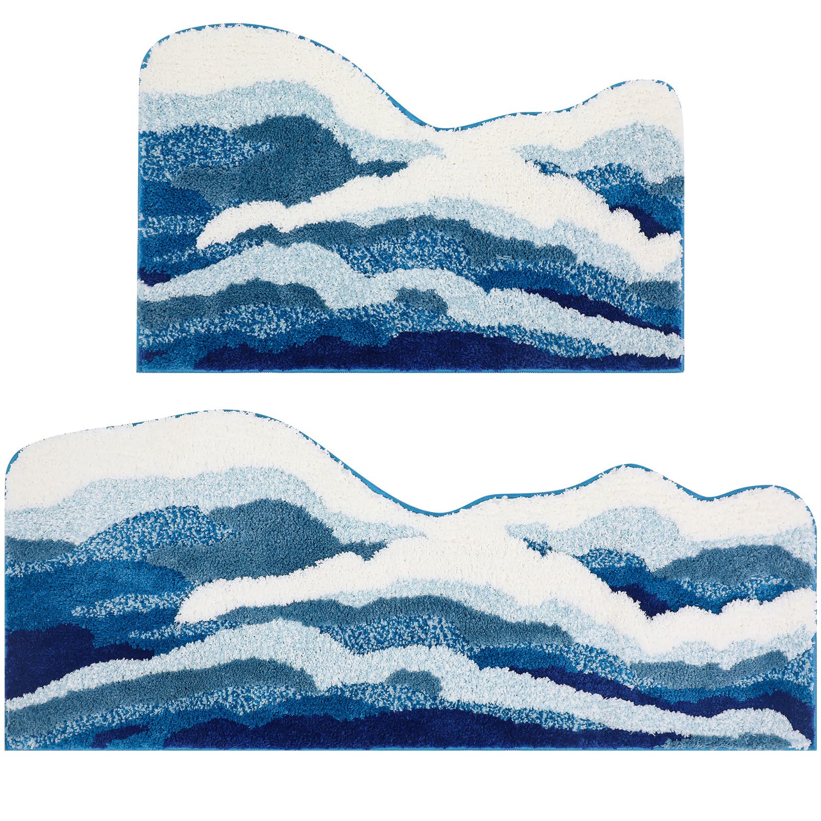 Photo 1 of Tinideya 2 Pcs Wave Rug Blue Ocean Rug 3D Aesthetic Plush Beach Mat Non Slip Cute Backing Trendy Bath Mat Coastal Washable Soft Romantic Carpet for Shower Bedroom Bathroom Kitchen Decor