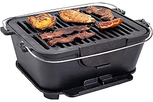 Bruntmor Heavy Duty Pre-Seasoned Cast Iron Portable Grill, 14"x12" Grilling Surface, Outdoor Hibachi-Charcoal Grill, Tabletop Charcoal Rectangle BBQ Portable Grill Stove