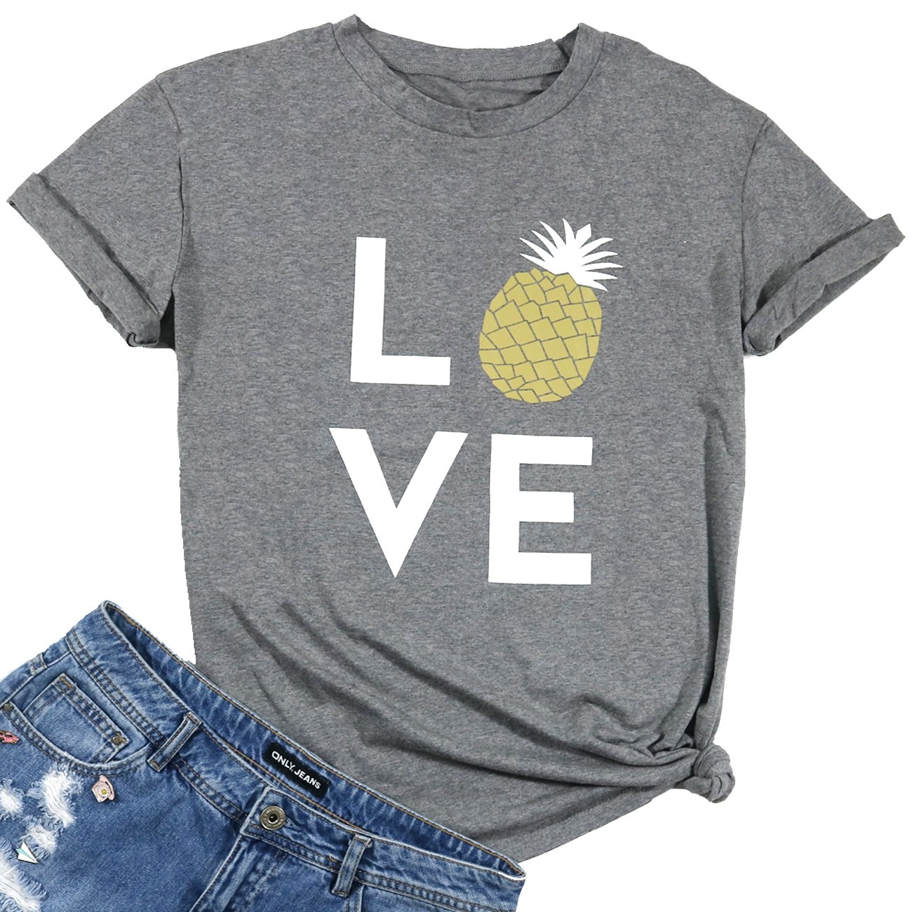 Tees Casual Women Short  Print Pineapple Love T-Shirt Letters Funny Blouse Sleeve