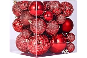 SUMPTUX 46 Pcs Red Christmas Ball Ornaments, Shatterproof Christmas Tree Ornaments Set with Velvet Christmas Bows Decor, Vintage Xmas Decorations with Hanging Hooks for Holiday in 3 Sizes(Small Medium Large)
