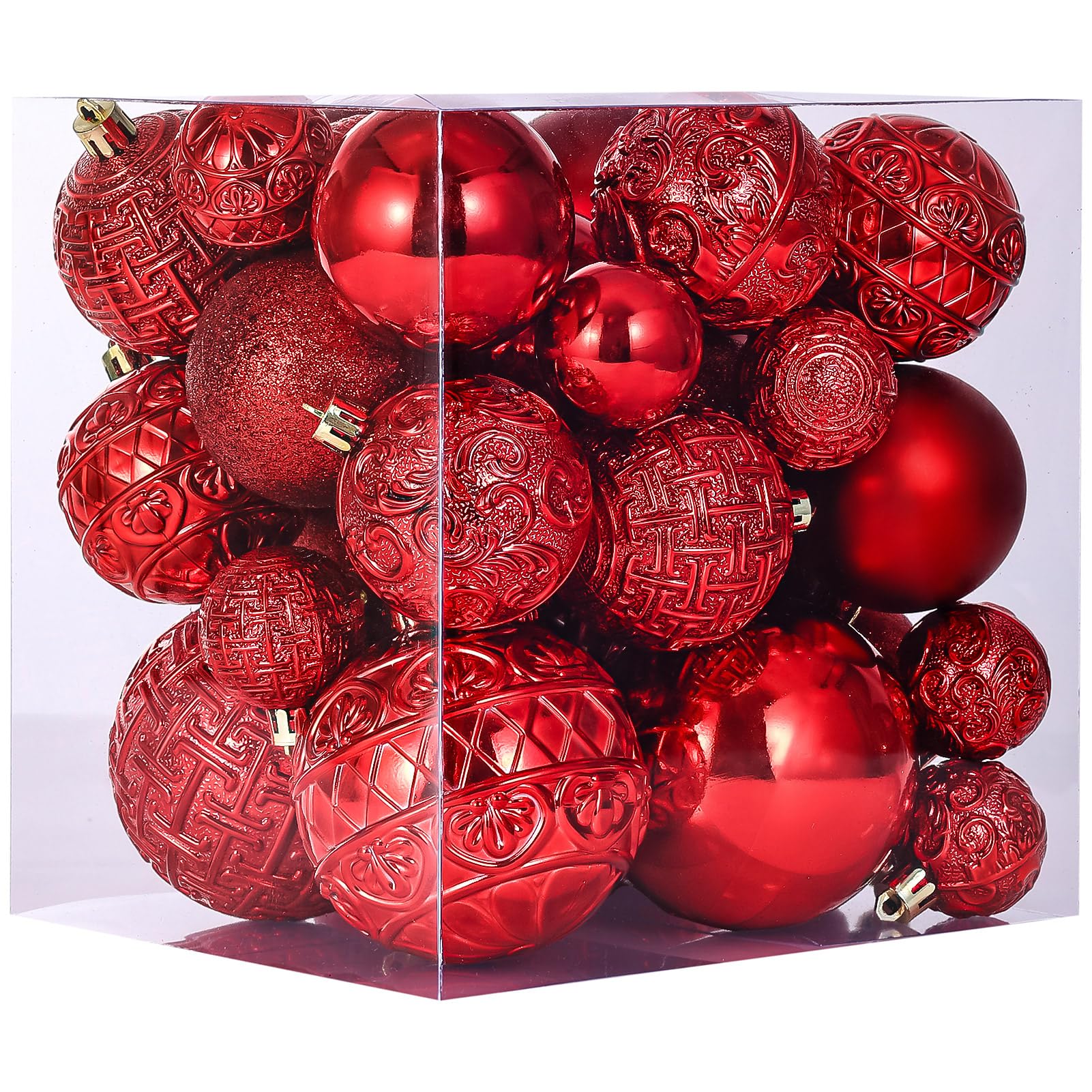 Photo 1 of 46 Pcs Red Christmas Ball Ornaments, Shatterproof Christmas Tree Ornaments Set with Velvet Christmas Bows Decor, Vintage Xmas Decorations with Hanging Hooks for Holiday in 3 Sizes(Small Medium Large)
