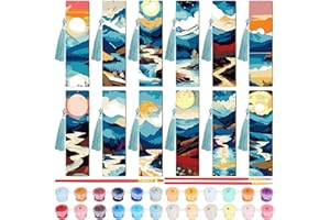 Kosiz 12 Pcs Mountain Paint by Numbers Kit for Adults Wood Bookmark Painting Decor Mini Paint by Numbers Kit Tassels Blank Bookmarks Craft for Small DIY Book Lovers Gift 7x2 ''