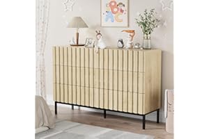 UEV Mid-Century Modern Dresser for Bedroom, Fluted 6 Drawer Dresser with Metal Stand, Accent Light Wood Chest of Drawers for Bedroom,Living Room,Hallway (Ivory White)
